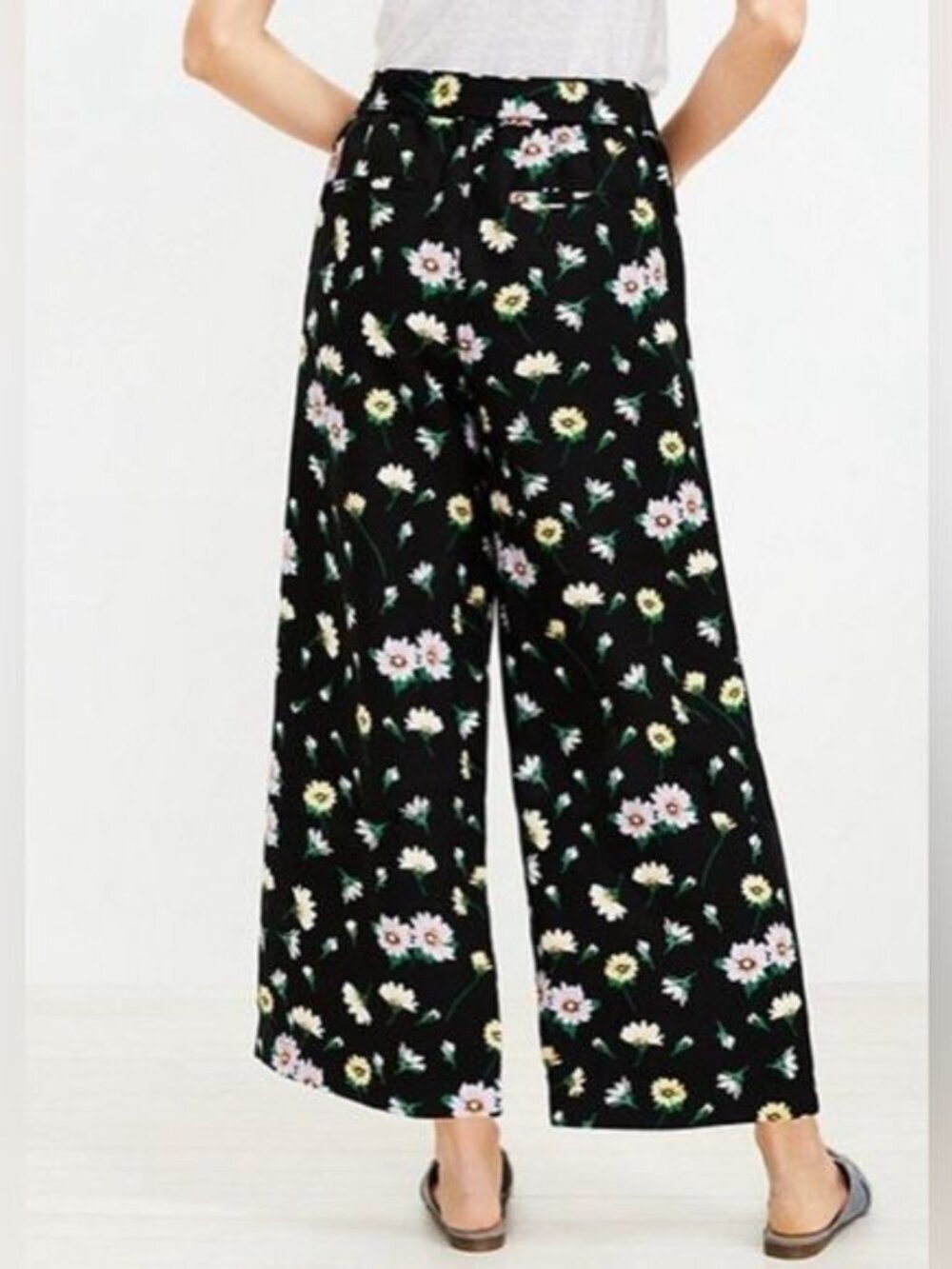 LOFT Florence Tie Waist Fluid Wide Leg Linen Crop Pants Garden Black Women M - Picture 2 of 10